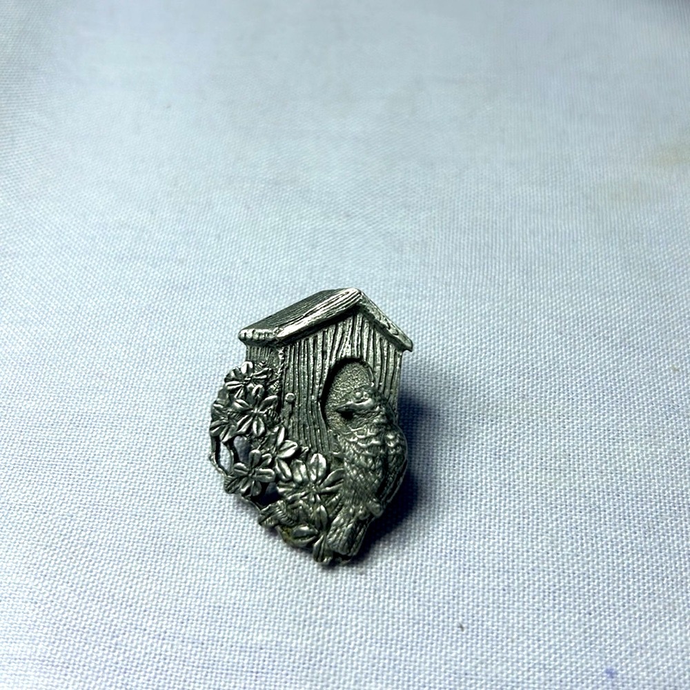 Birdhouse with bird and spring flowers pin. Limited edition.